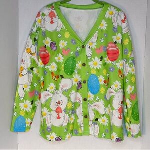 Easter Bunny & Egg Print Cardigan - Lime Green Size Medium